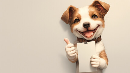 A blissful canine companion expresses sheer delight, showcasing a big thumbs-up gesture with infectious joy against a  white backdrop, creating a charming scene of canine happiness and approval. - obrazy, fototapety, plakaty