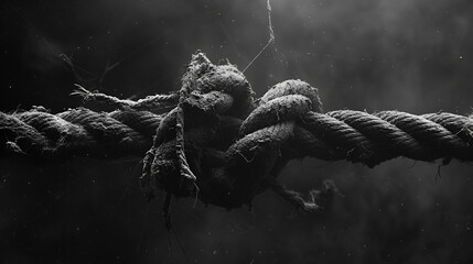 Piece of frayed rope about to break, dangling precariously over the edge, hinting at imminent danger and uncertainty, Generative Ai.

