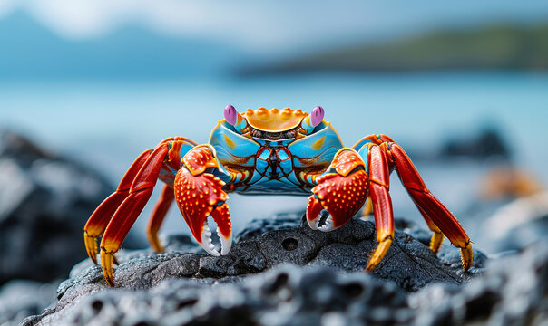 Vibrant Sally Lightfoot Crab Perched on Rocky Shore with Ocean Background, Wildlife in Natural Habitat, Coastal Ecosystem and Marine Life
