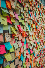 wall with many post-it. office wall with overlapping post-it. lots of colorful post its that cover each other. busy office wall with many tasks to do. 