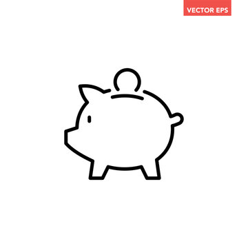 Single black piggy bank thin line icon, simple financial money saving flat design vector pictogram, infographic interface elements for app logo web button ui ux isolated on white background