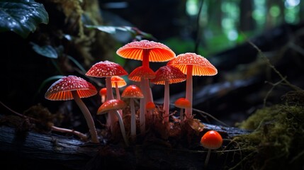 Growing orange-red psychoactive hallucinogenic mushrooms panaeolus cyanescens in a dense dark forest. - obrazy, fototapety, plakaty