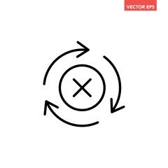 Black round check sync unapproved line icon, simple cycle rotating arrows sync flat design pictogram vector for app logo ads web webpage button ui ux interface elements isolated on white background