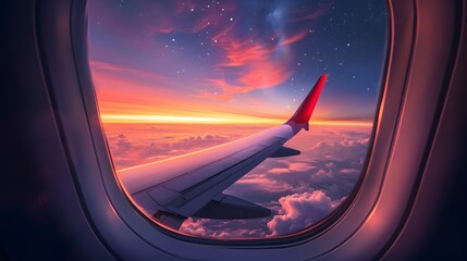 Fototapeta premium Airplane Window View of Colorful Sky and Stars