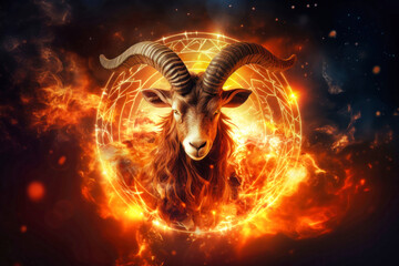 A ram stands in the center of a fiery circle, symbolizing the zodiac sign Capricorn