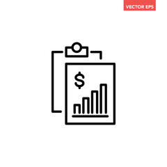 Black single financial report line icon, simple business graph document flat design vector pictogram, infographic interface elements for app logo web button ui ux isolated on white background