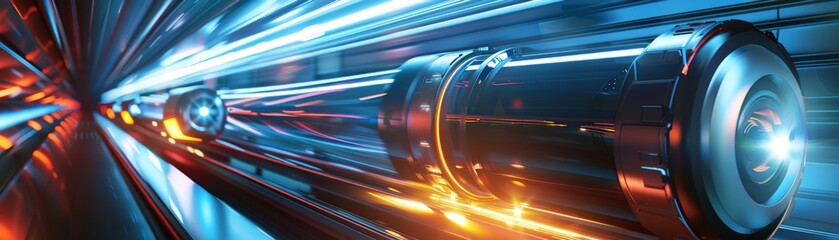 Bright close up view of sci fi futuristic hyperloop traveling in a random dynamic setting