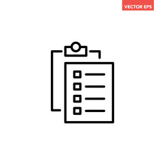 Single black checklist clipboard line icon, simple paper document graphic flat design vector pictogram, infographic interface elements for app logo web button ui ux isolated on white background