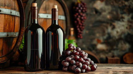 Obraz premium Three Wine Bottles and Two Wooden Barrels Displayed on Shelf