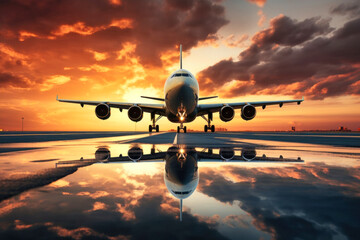 A passenger plane lands against the backdrop of sunset at the airport. Travel and tourism. - obrazy, fototapety, plakaty