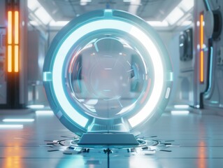 A bright close up view of a sci fi futuristic hologram portal and teleport podium in a random scene