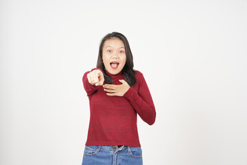 Young Asian woman in Red t-shirt doing Wow or Shock face isolated on white background