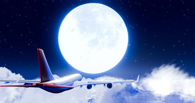 passenger plane Fly past the full moon Above the cumulus clouds. Air travel. On a clear night, the sky There are stars all over the sky and a big moon. 3D Rendering