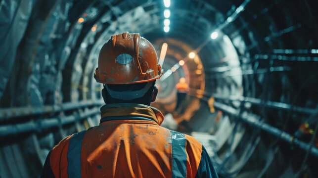Engineers and workers wearing safety guards work in drilling underground tunnels for construction