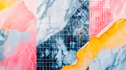 Combine the sophistication of marble with digital pixel art. Use pixelated patterns, vibrant colors, and a retro-inspired aesthe