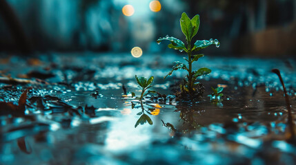 A small plant emerges from a puddle of water, showcasing natures resilience and the power of growth...