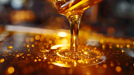 Golden oil flows from the dispenser - 748479139