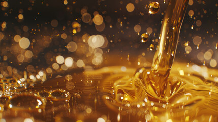 Golden oil flows from the dispenser - 748479151