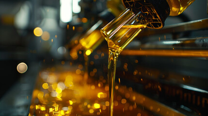 Golden oil flows from the dispenser