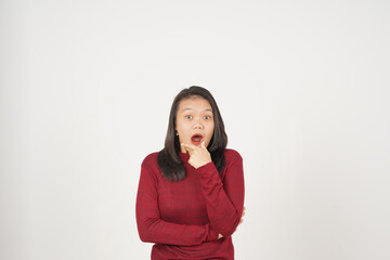 Young Asian woman in Red t-shirt doing Wow or Shock face and looking at camera isolated on white background