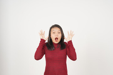 Young Asian woman in Red t-shirt doing Wow or Shock face and looking at camera isolated on white background