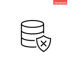 Black single database no protection line icon, simple digital data been attacked flat design vector pictogram, infographic interface elements for app logo web button ui ux isolated on white background