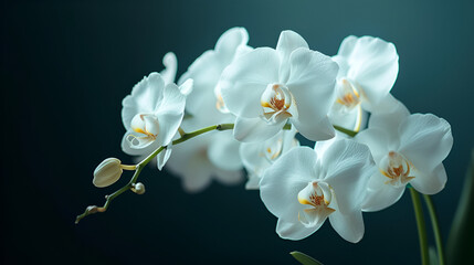 Fototapeta na wymiar Close-up of white orchids phalaenopsis against dark background. generative ai 