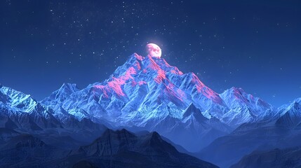 Neon Impressionism Full Moon Mountain Range