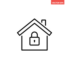 Black single house under protection line icon, simple safe home lock defence flat design concept vector for app ads web banner button ui ux interface elements isolated on white background