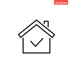 Black single mortgage approval line icon, simple house with checkmark flat design pictogram, infographic vector for app logo web website button ui ux interface elements isolated on white background