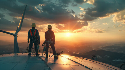 Two Engineers wearing safety harnesses work on wind turbines in maintenance of wind power generation plants