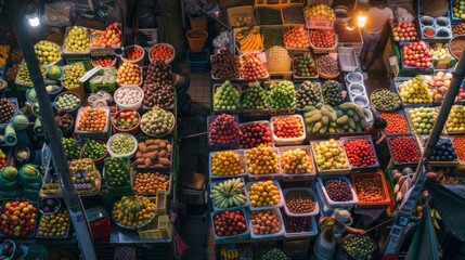 A bustling marketplace filled with vendors selling a rainbow of fruits vegetables and traditional handicrafts the air filled with the savory aroma of street food being cooked.