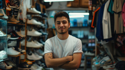 Young owner arms crossed standing in the front shop of a small second-hand shoe business
