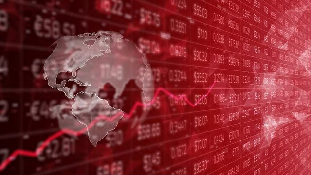 Red coloured business stock data with earth planet rotation.