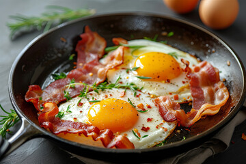 Bacon and eggs frying in a pan. A composition featuring delicious fried eggs and bacon - obrazy, fototapety, plakaty