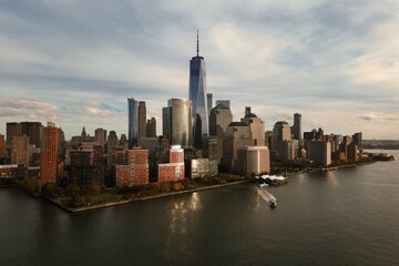 New York skyline from drone. New York over the Hudson river. Manhattan NYC cityscape, aerial view....