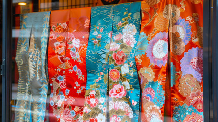 A shop window display featuring luxurious kimono fabrics and accessories drawing in tourists and locals looking for special souvenirs during Golden Week.