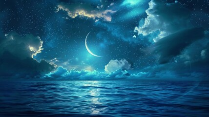 Fototapeta na wymiar Ramadan Kareem background with crescent, stars and glowing clouds above serene sea. Elements of this image furnished by NASA, copy space - generative ai