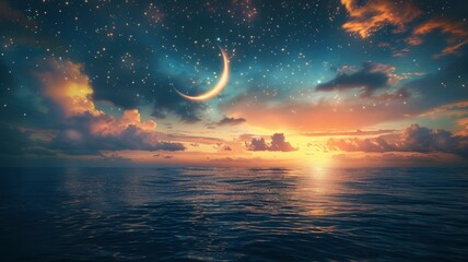 Fototapeta premium Ramadan Kareem background with crescent, stars and glowing clouds above serene sea. Elements of this image furnished by NASA, copy space - generative ai