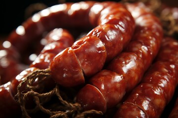 Rustic Closeup photo of cut polish sausage on wooden board. Sliced smoked pork salami food. Generate ai - obrazy, fototapety, plakaty