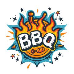 Colorful cartoon or comic BBQ logo with flames, isolated or white background	
