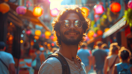 A tourist man in a bustling outdoor market, sunlit and full of colorful stalls and happy shoppers, Chinatown market.