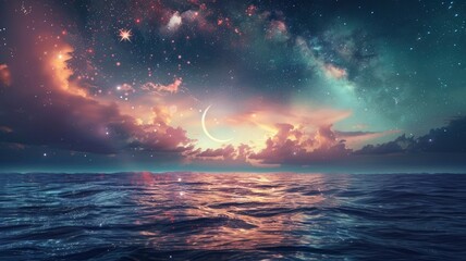 Ramadan Kareem background with crescent, stars and glowing clouds above serene sea. Elements of this image furnished by NASA, copy space - generative ai