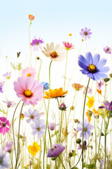 Field of colorful flowers with sky background in the background.
