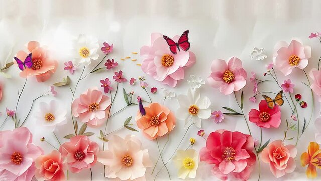 flowers on white background. beautiful spring flowers on paper background. seamless looping overlay 4k virtual video animation background