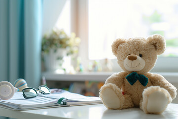 A cozy children's clinic setup featuring a cheerful teddy bear sitting on a table with eyeglasses, headphones, and open notebooks, bathed in soft daylight from the window.