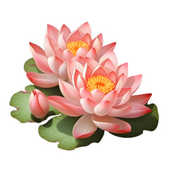 Close-up of an isolated pink bloomed lotus flower with stem on white and transparent background
