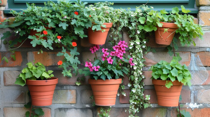 Fototapeta na wymiar A of hanging terracotta pots filled with cascading vines and trailing flowers adding a touch of whimsy and beauty to a compact urban garden.