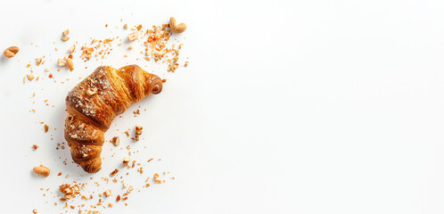 Fresh croissant with crushed nuts on a clean white background, ideal for text overlay, suitable for...