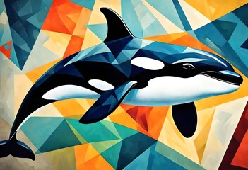 a cubist style, art deco, abstract painting of a  killer whale. Bright colors. - obrazy, fototapety, plakaty